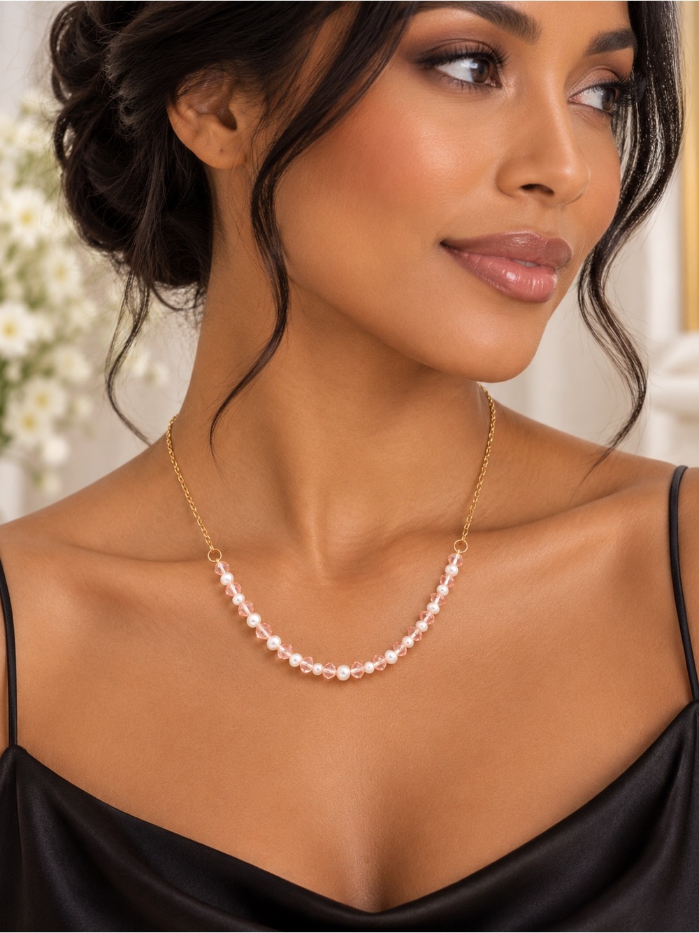 Handmade Swarovski Silk Crystal & Cream Pearl Necklace Gold Tone